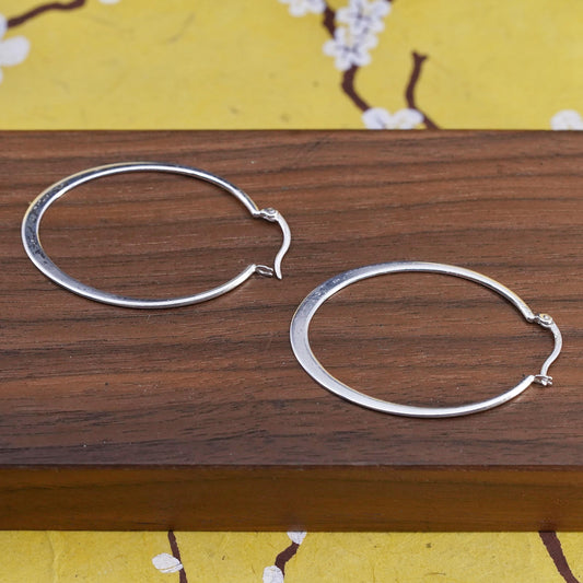 1.75", vintage Sterling silver handmade earrings, 925 flatten oval hoops