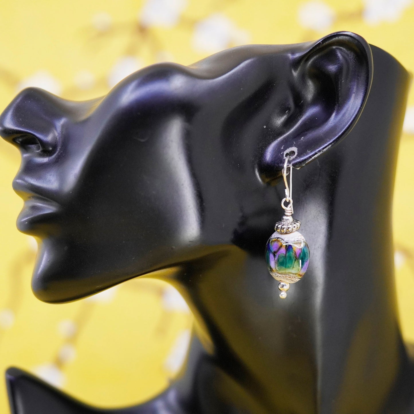 Vintage Sterling silver handmade earrings, 925 round foiled glass beads