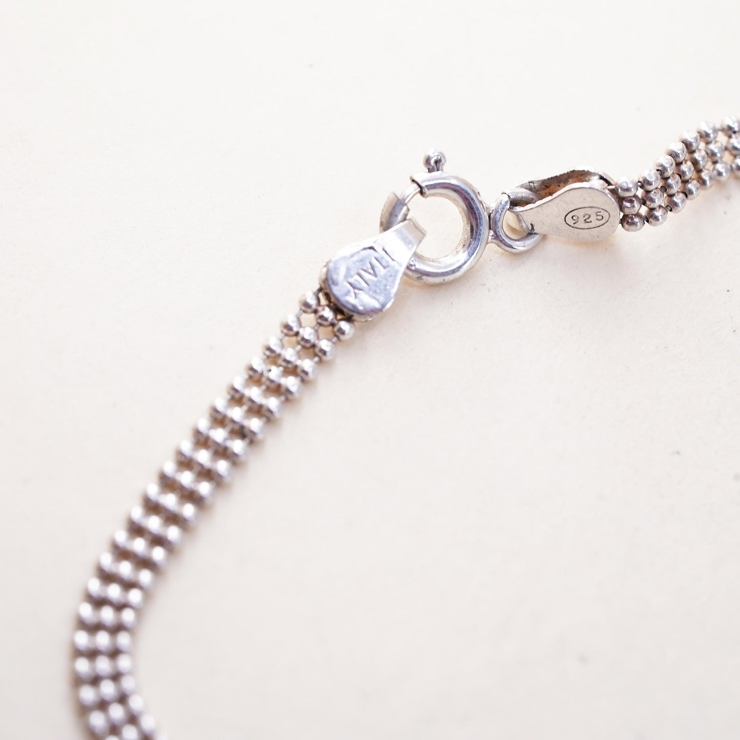 7” 4mm, Vintage Italian sterling silver bracelet, 925 bead chain heart charm