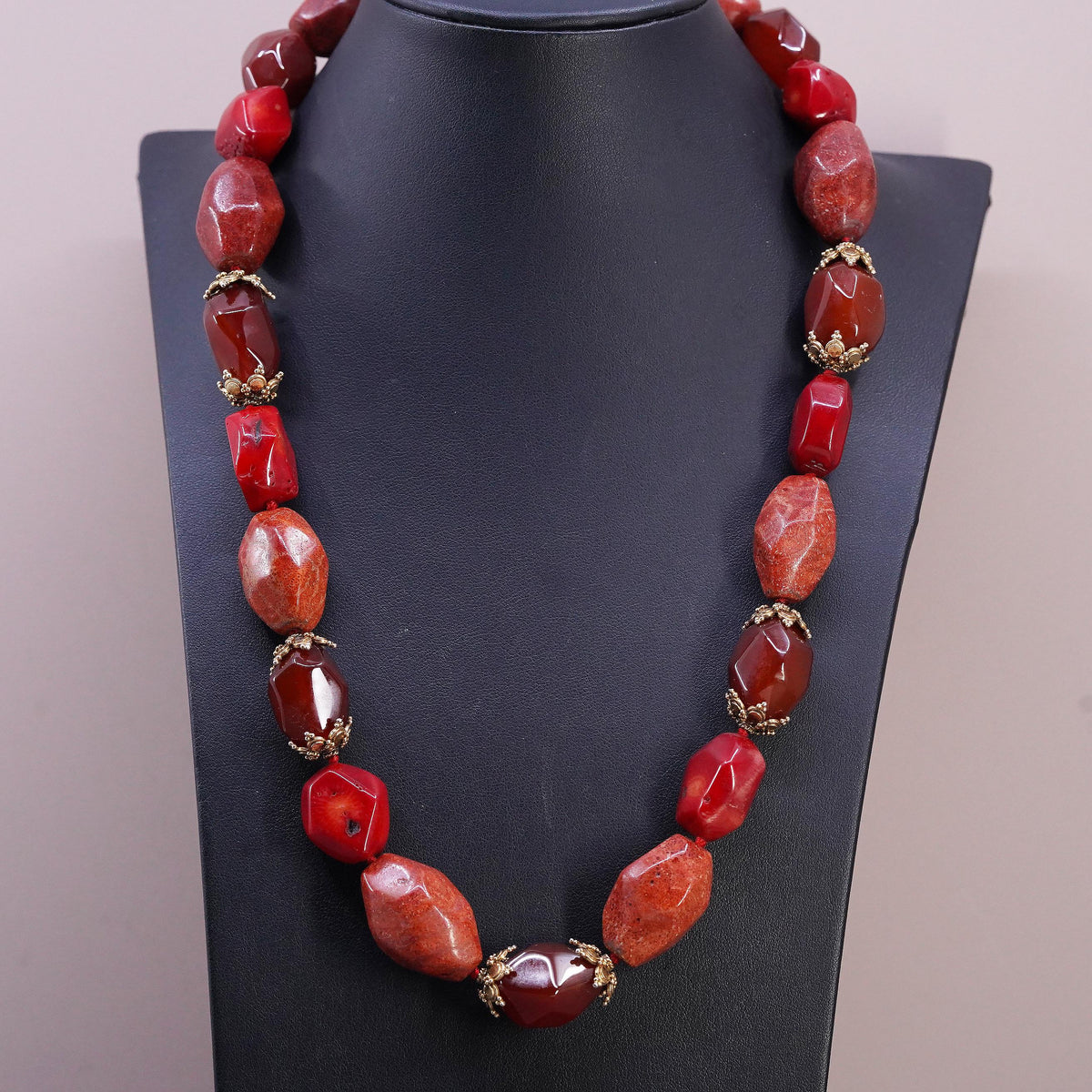 20+1", LUC Vermeil Gold Sterling 925 Silver necklace coral carnelian nuggets