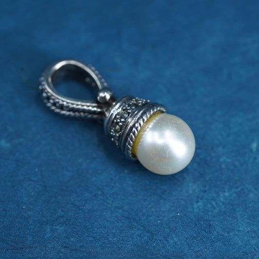 Vintage sterling 925 silver handmade pendant with faux pearl and marcasite