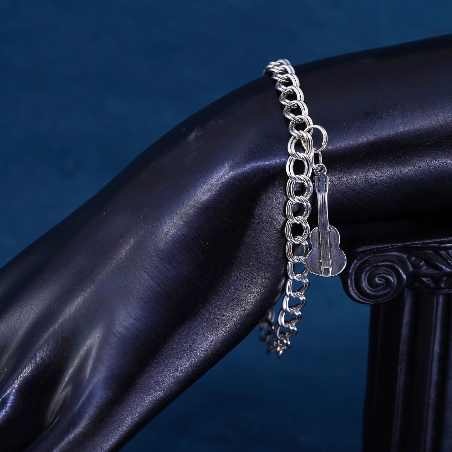 6.75", Italy Sterling silver bracelet, 925 double curb link chain guitar charm