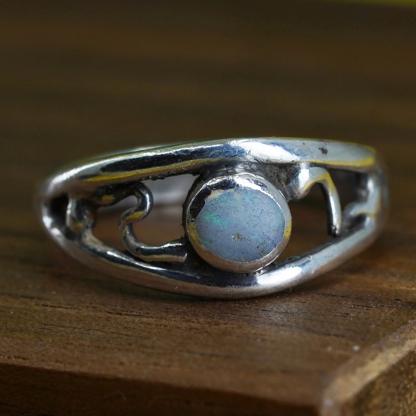 Size 6, vintage sterling silver handmade ring, 925 silver band with opal