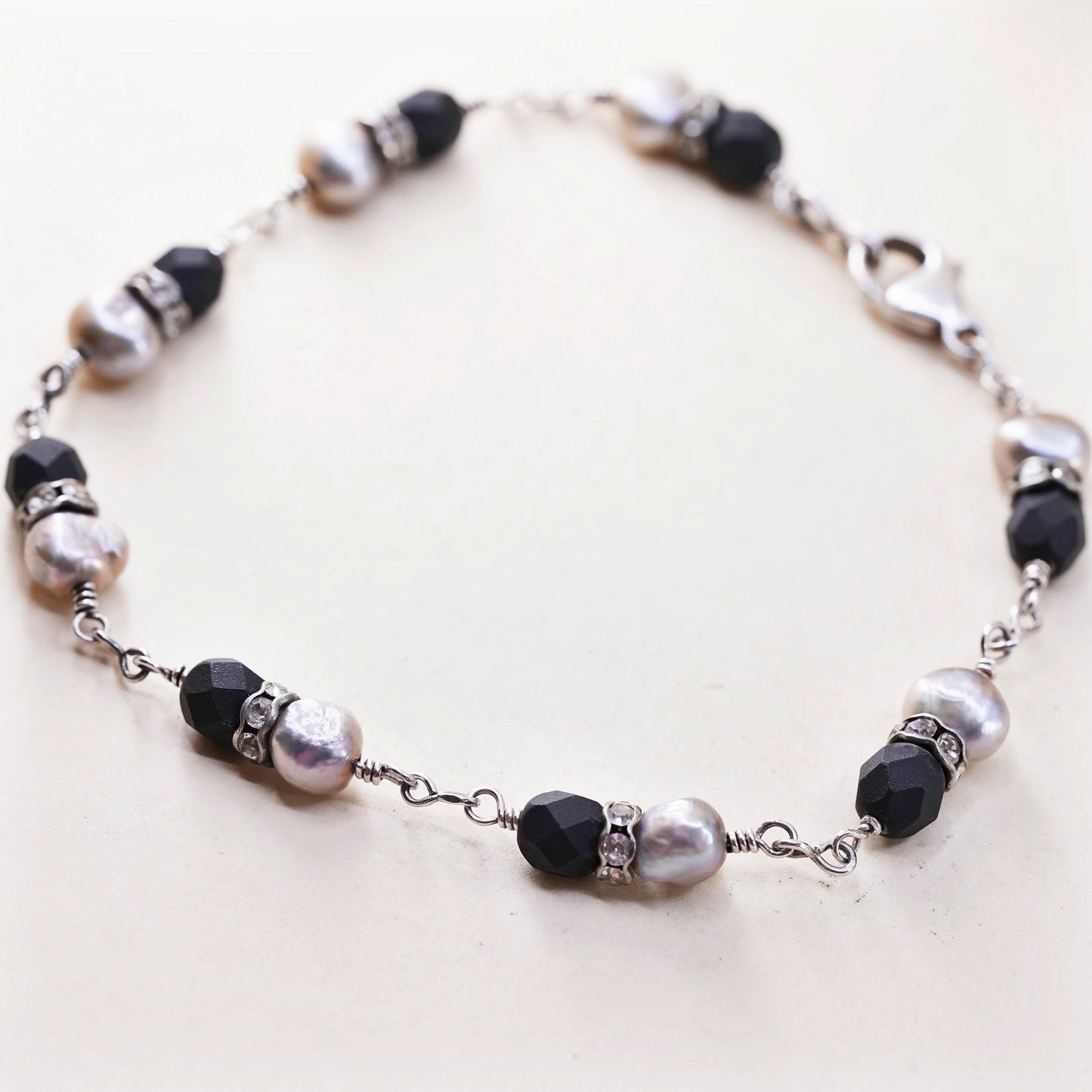8.25", Vintage Sterling 925 silver handmade bracelet, pearl lava stone beads