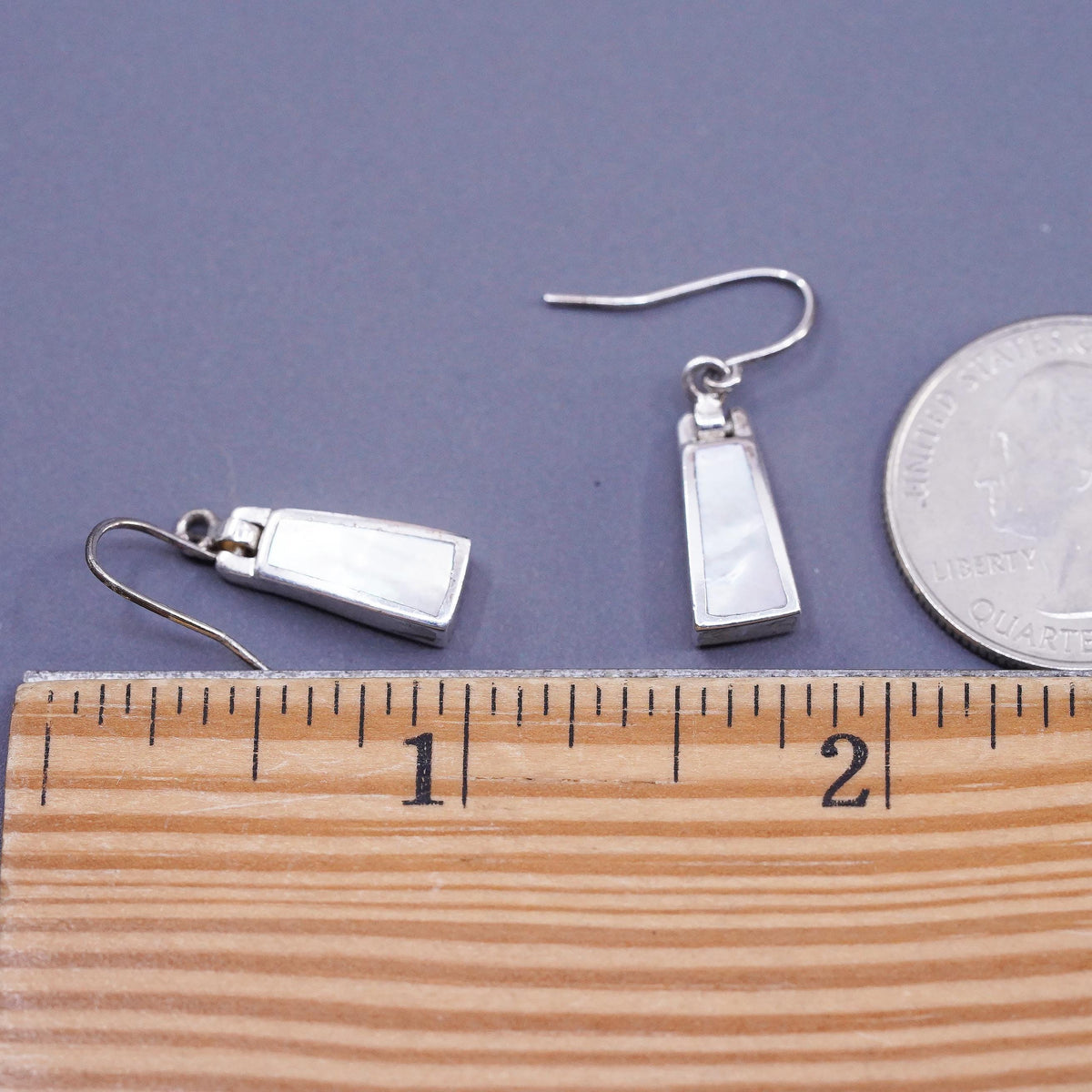 Vintage sterling silver handmade earrings, 925 drops with mother of pearl inlay