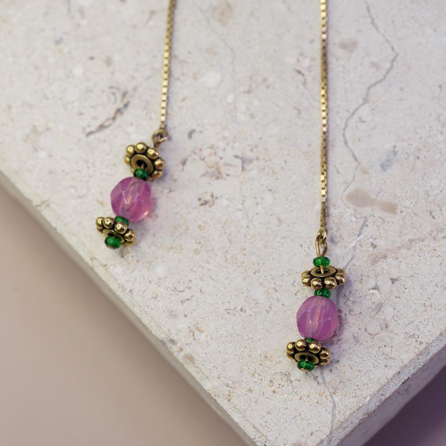 Vintage gold plated Sterling 925 silver handmade earrings pink crystal beads