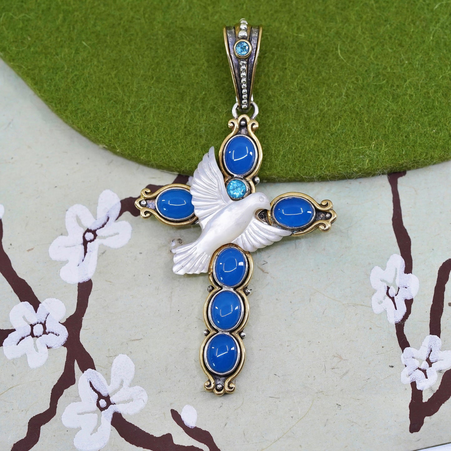 two tone sterling silver handmade pendant, 925 cross with mother of pearl dove