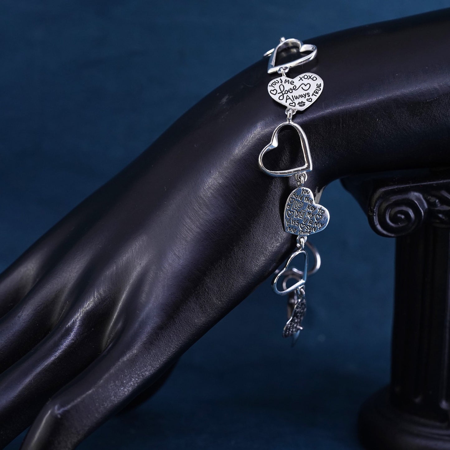 8”, vintage Sterling 925 Silver heart link bracelet embossed “I love you”