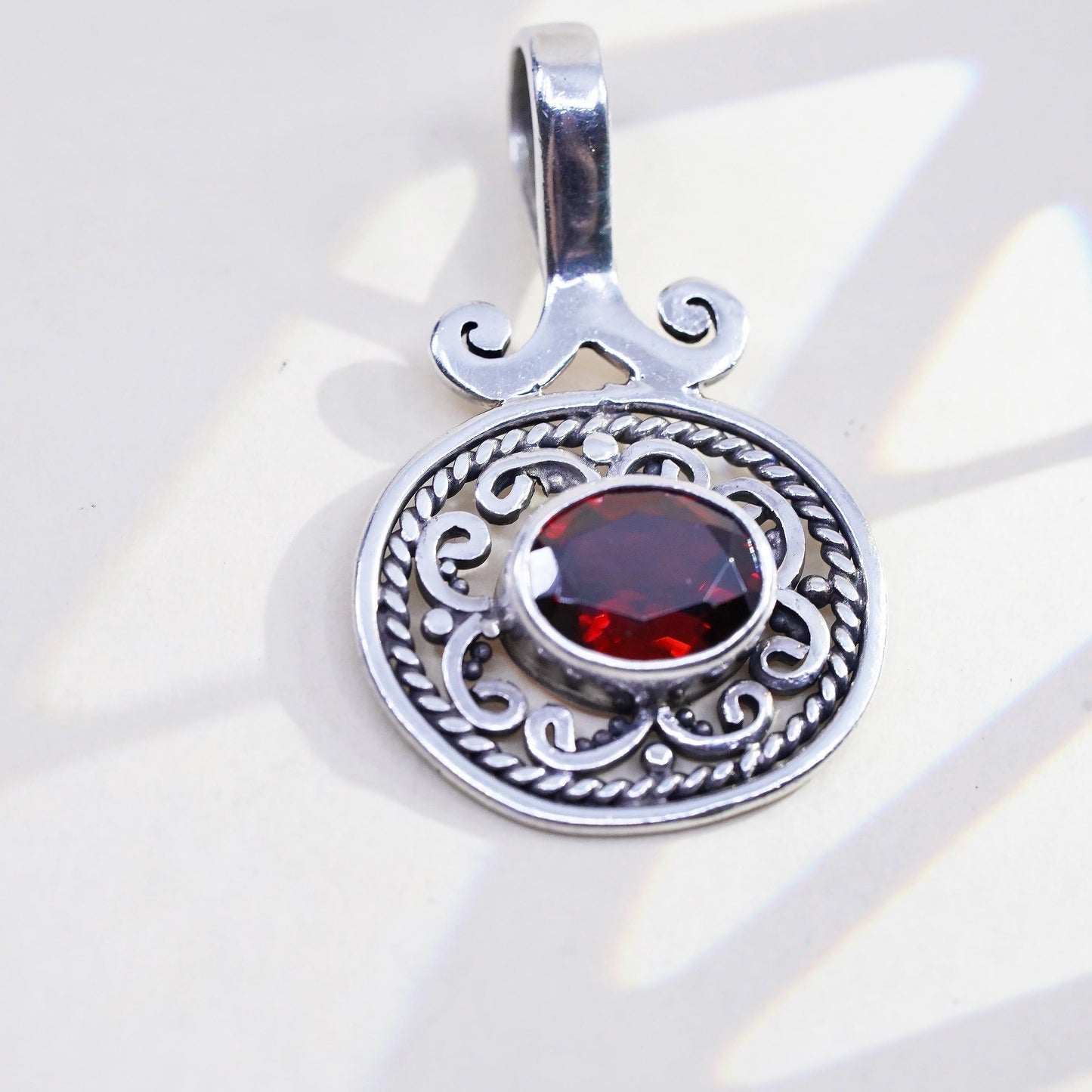 VTG 925 Sterling Silver Garnet Filigree Pendant, Red Garnet Scrollwork Charm