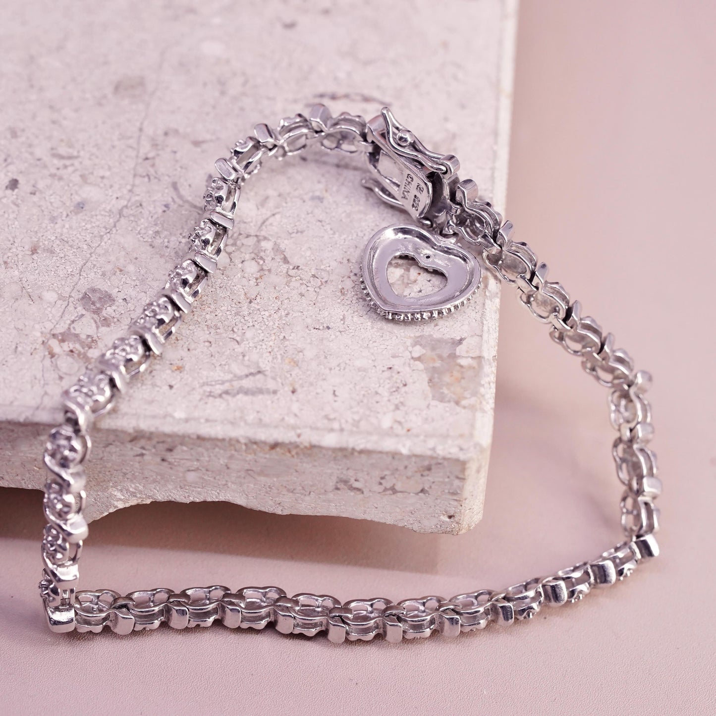 7", vintage sterling 925 silver tennis floral bracelet with diamond details