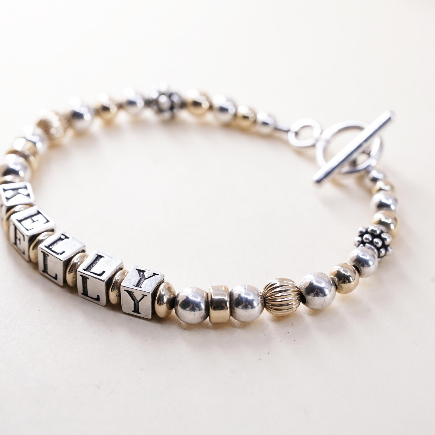 6.5", VTG Sterling 925 Silver 14K yellow gold beads bracelet name Kelly cubes