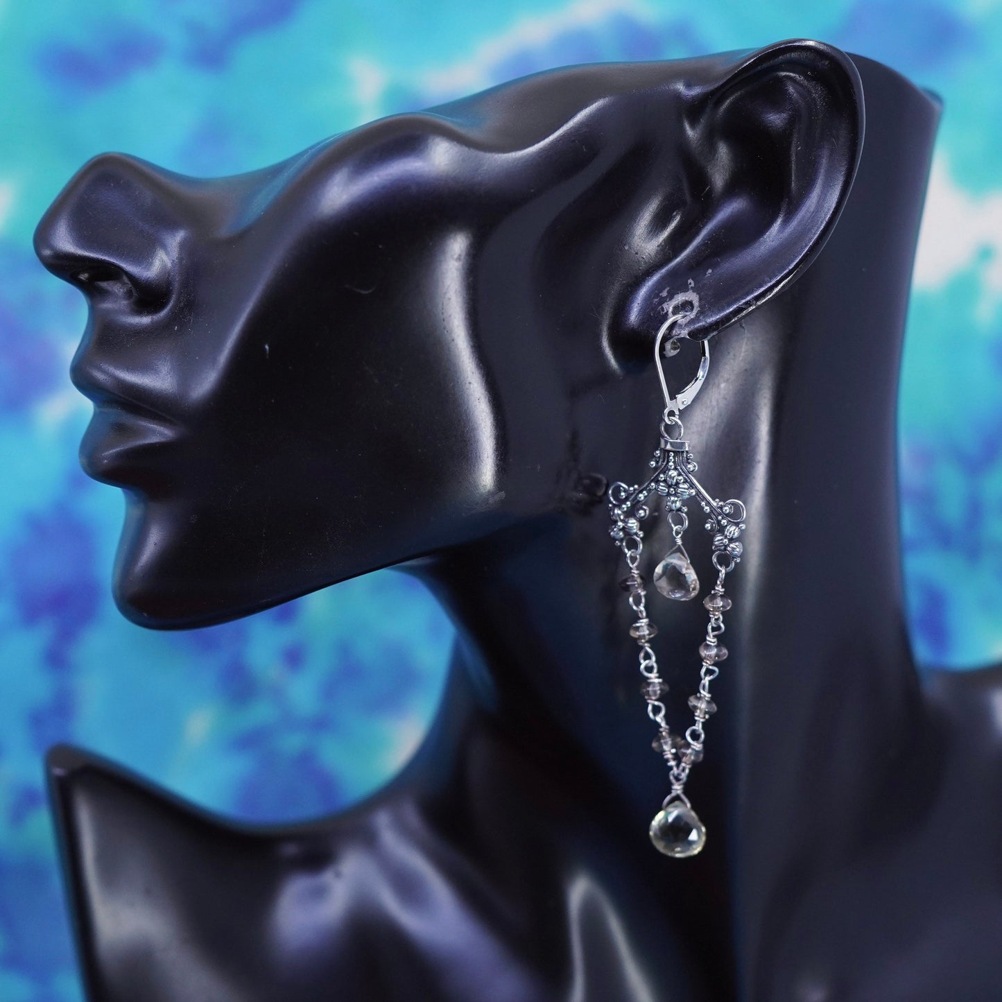 Sterling 925 silver handmade extra long earrings teardrop smoky topaz, dangle