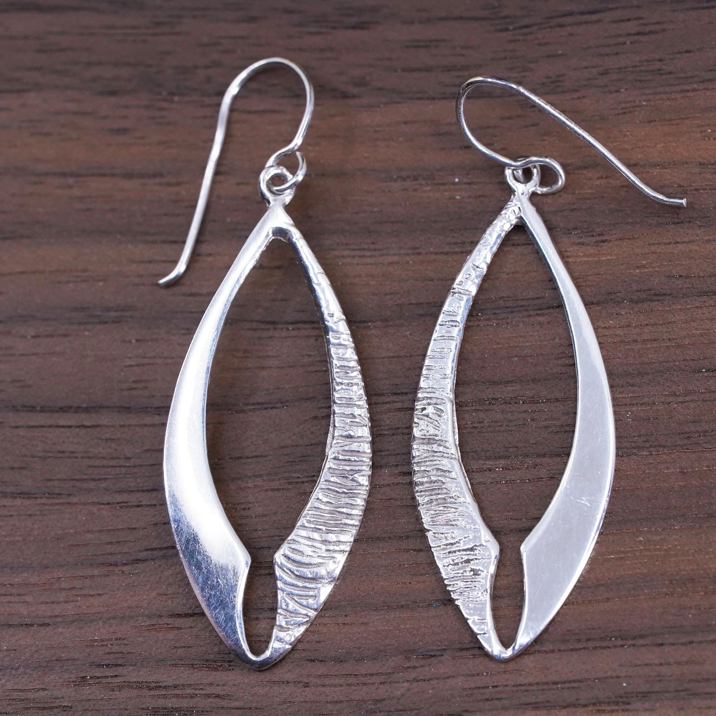 Vintage Sterling silver handmade earrings, 925 leaves shaped, textured dangles