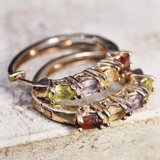 0.75", Gold Vermeil Sterling Silver Multi Gemstone Hoop Earrings, Huggie Hoops