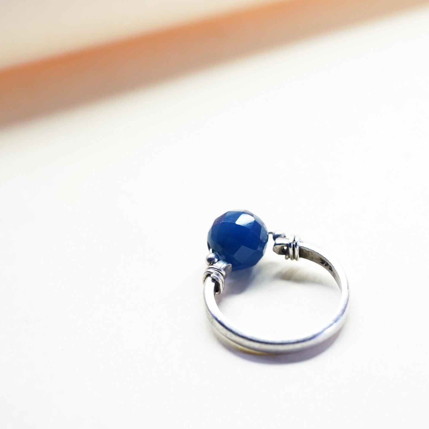 Size 5, Vintage sterling silver handmade ring with blue chalcedony bead