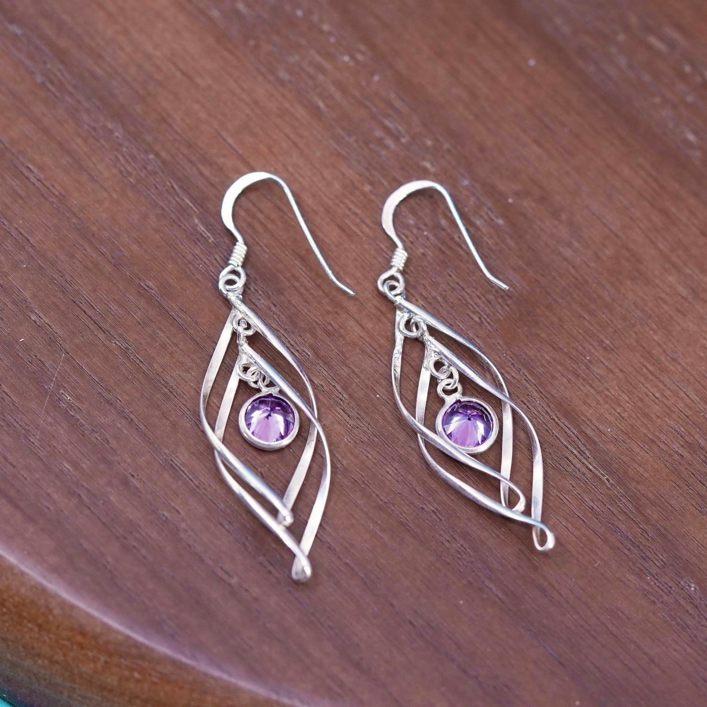 Vintage sterling silver handmade earrings, 925 twisty with amethyst