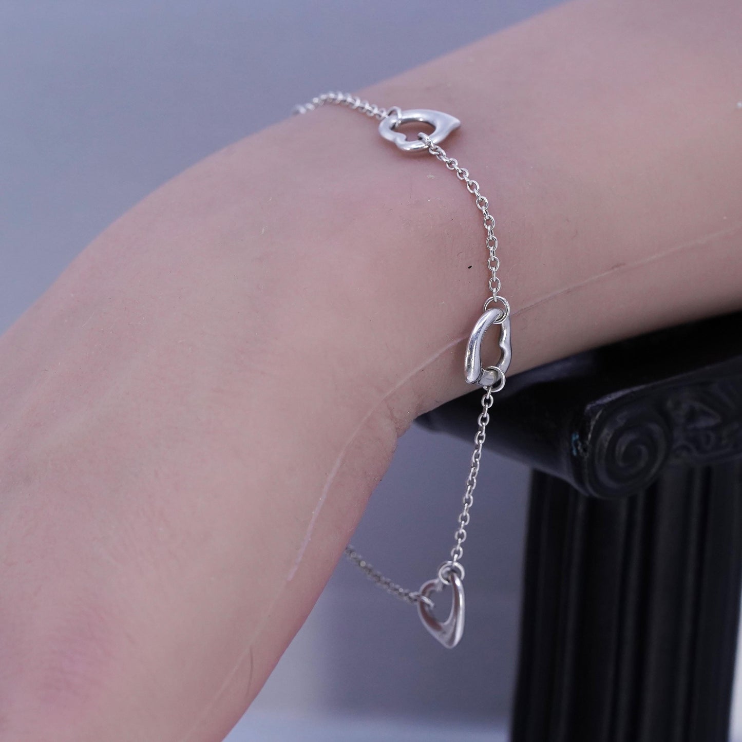 7.5" Vintage Sterling Silver Handmade Bracelet, 925 circle chain Heart Charms
