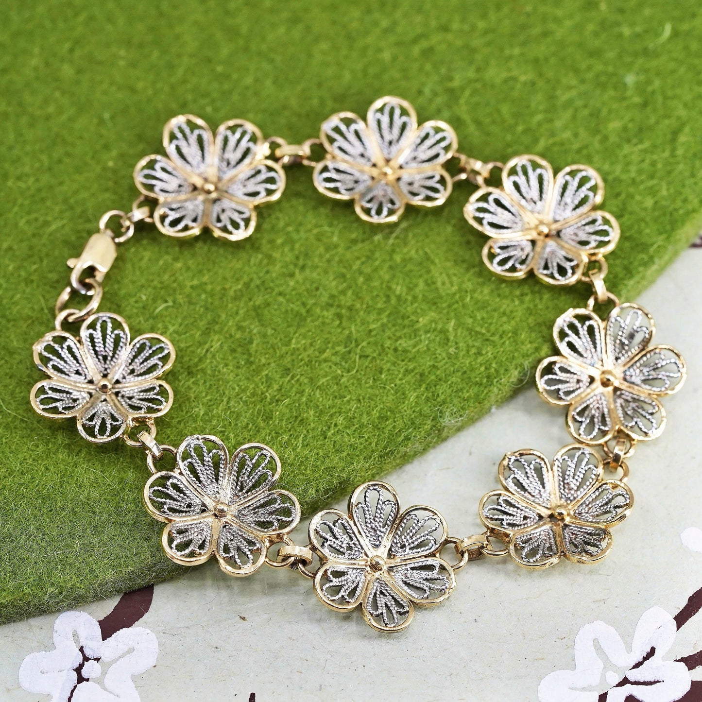 7", Italian sterling silver handmade bracelet, 925 filigree flower link chain