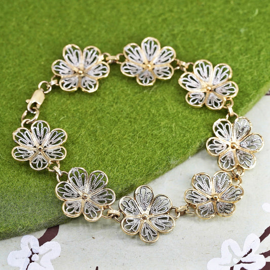 7", Italian sterling silver handmade bracelet, 925 filigree flower link chain