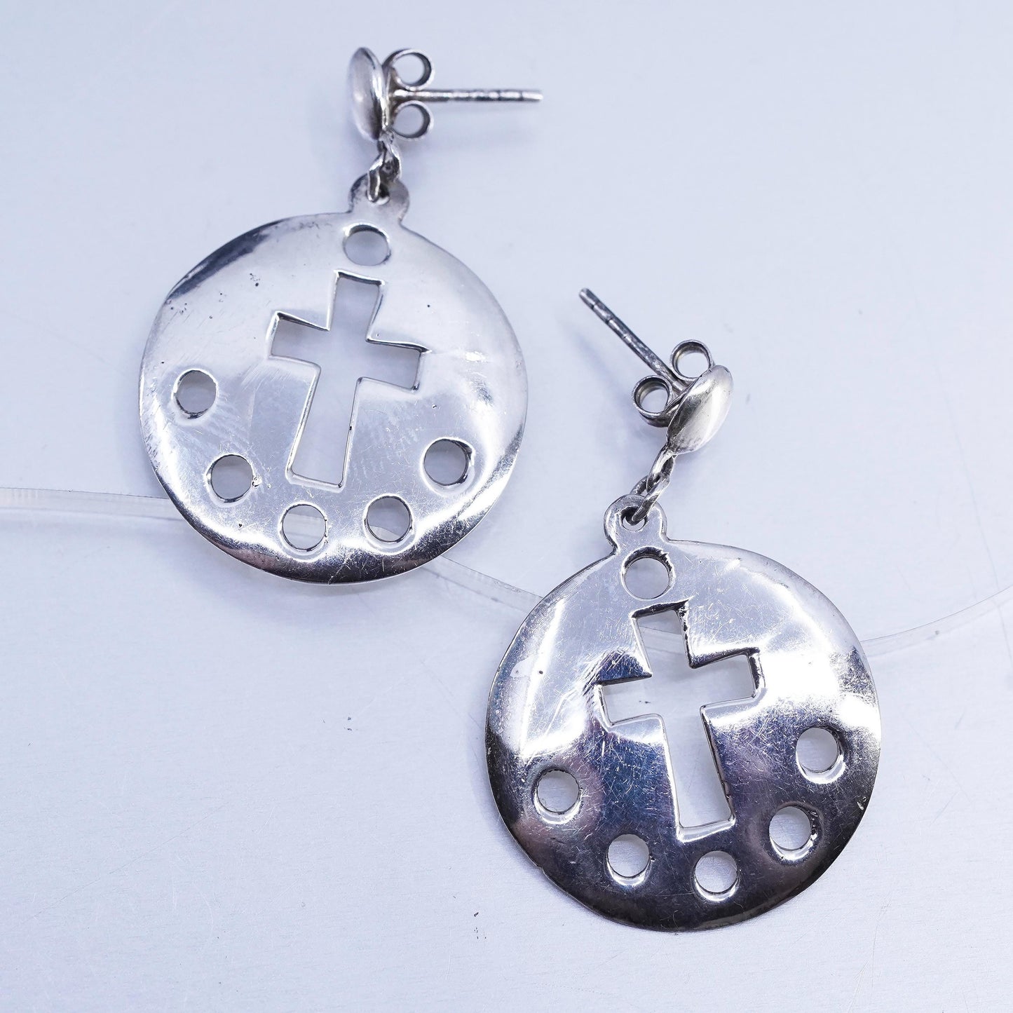 Vintage Sterling 925 silver handmade cross cut out disc earrings