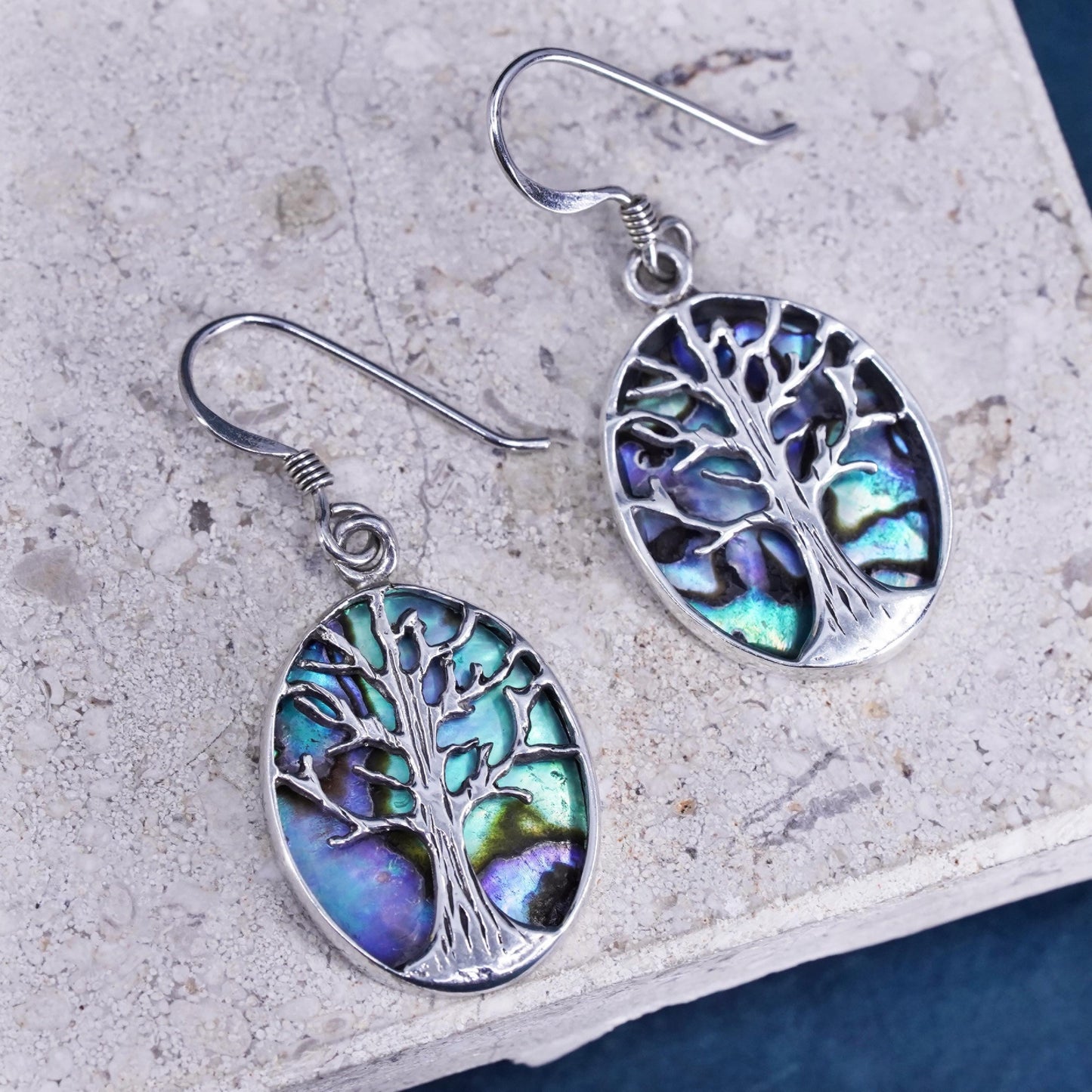 Vintage Sterling Silver 925 handmade oval tree earrings with abalone inlay