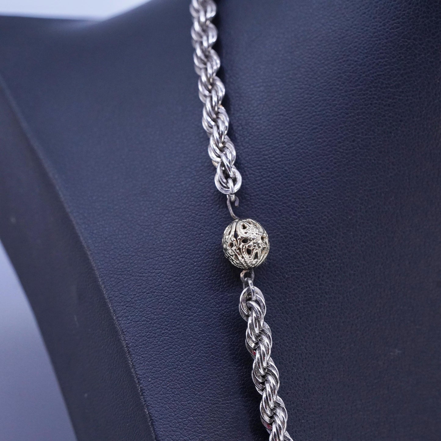20" Italian Sterling 925 silver French rope necklace 14K gold filigree beads