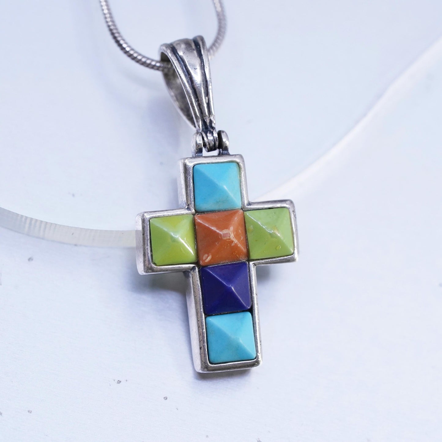 16", vintage Sterling 925 silver snake chain necklace turquoise cross pendant