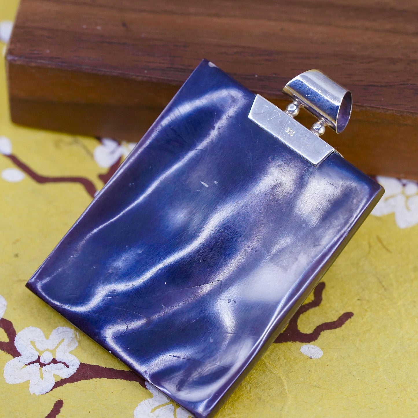 Mexican huge Sterling 925 silver rectangular pendant with onyx mother of pearl
