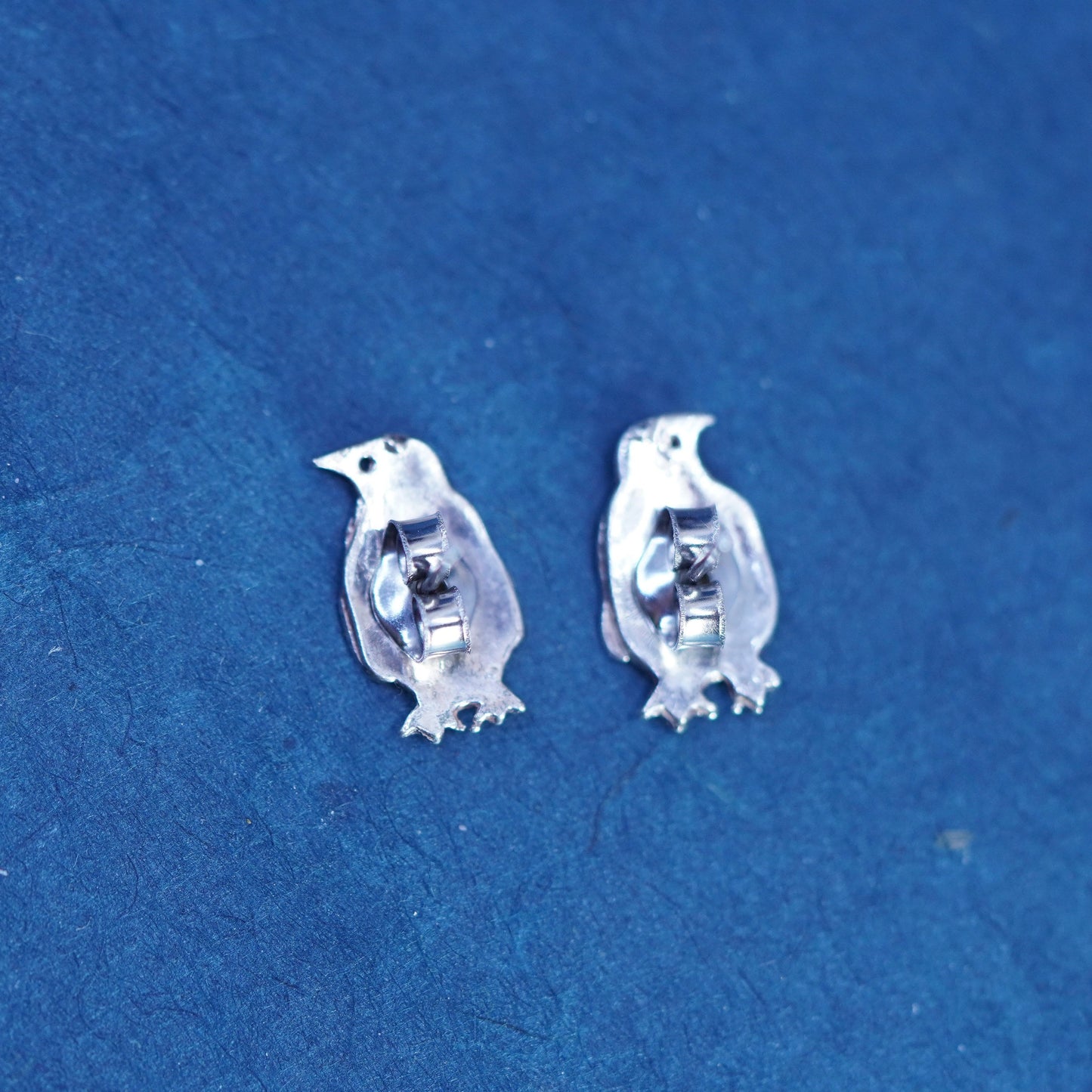 Sterling silver handmade textured penguin bird earrings, modern 925 studs