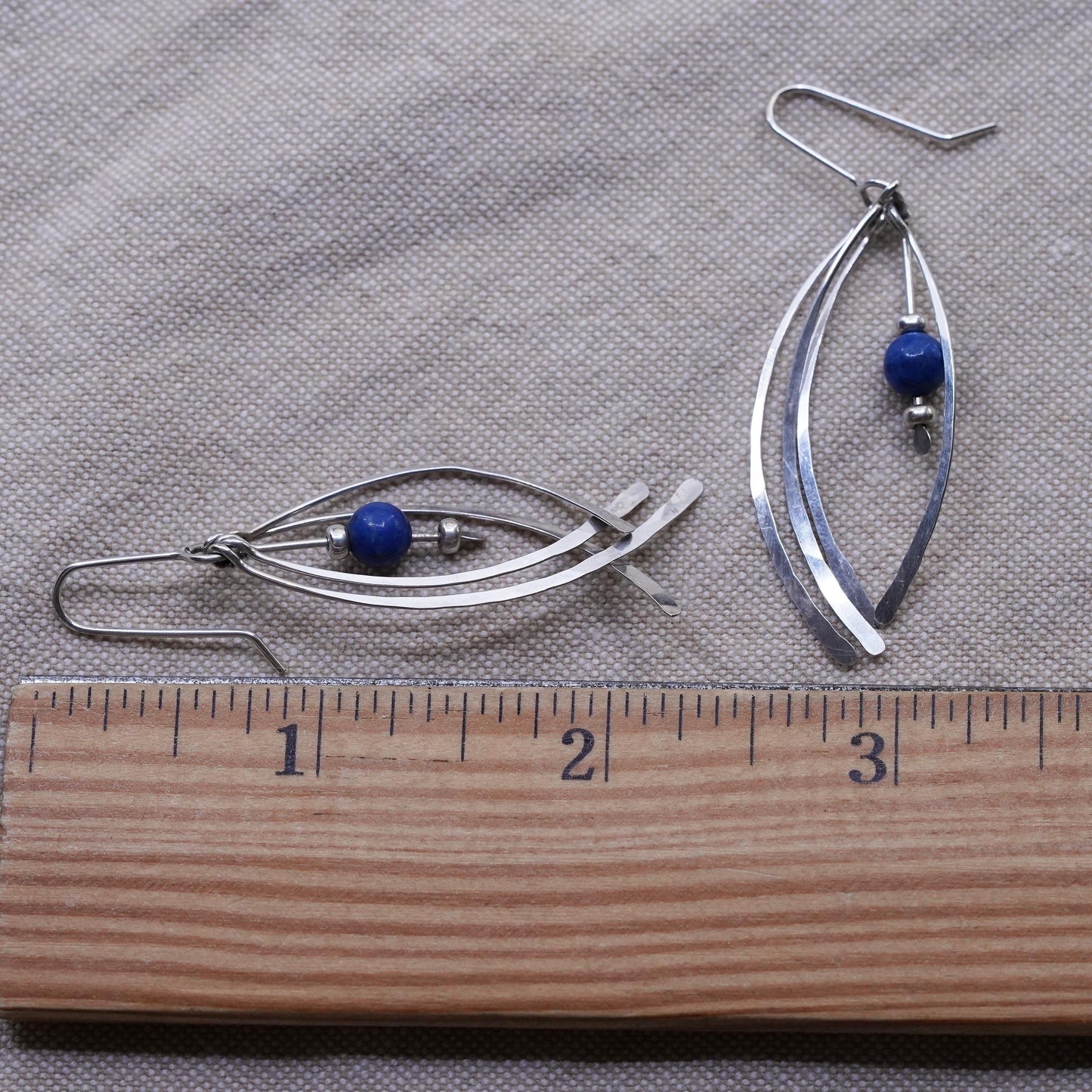 Vinatge Sterling 925 Silver Handmade fridge Earrings with lapis lazuli bead