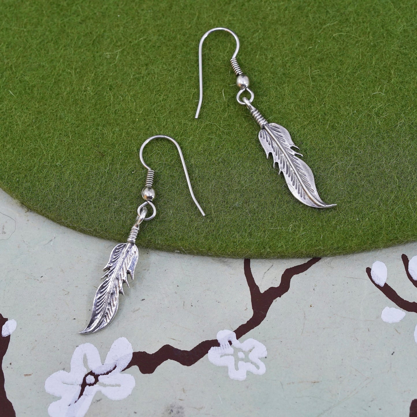 Native American southwestern Sterling 925 silver handmade feather drop earrings
