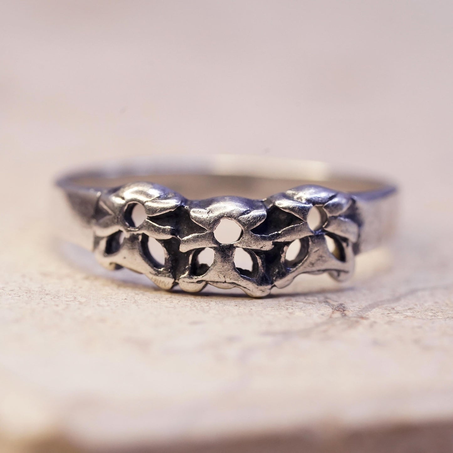 Size 4, vintage Sterling silver handmade ring, 925 flower band