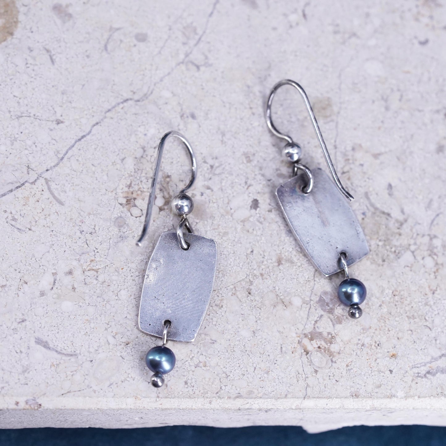 Vintage Sterling silver 925 handmade tag earrings with black pearl dangles