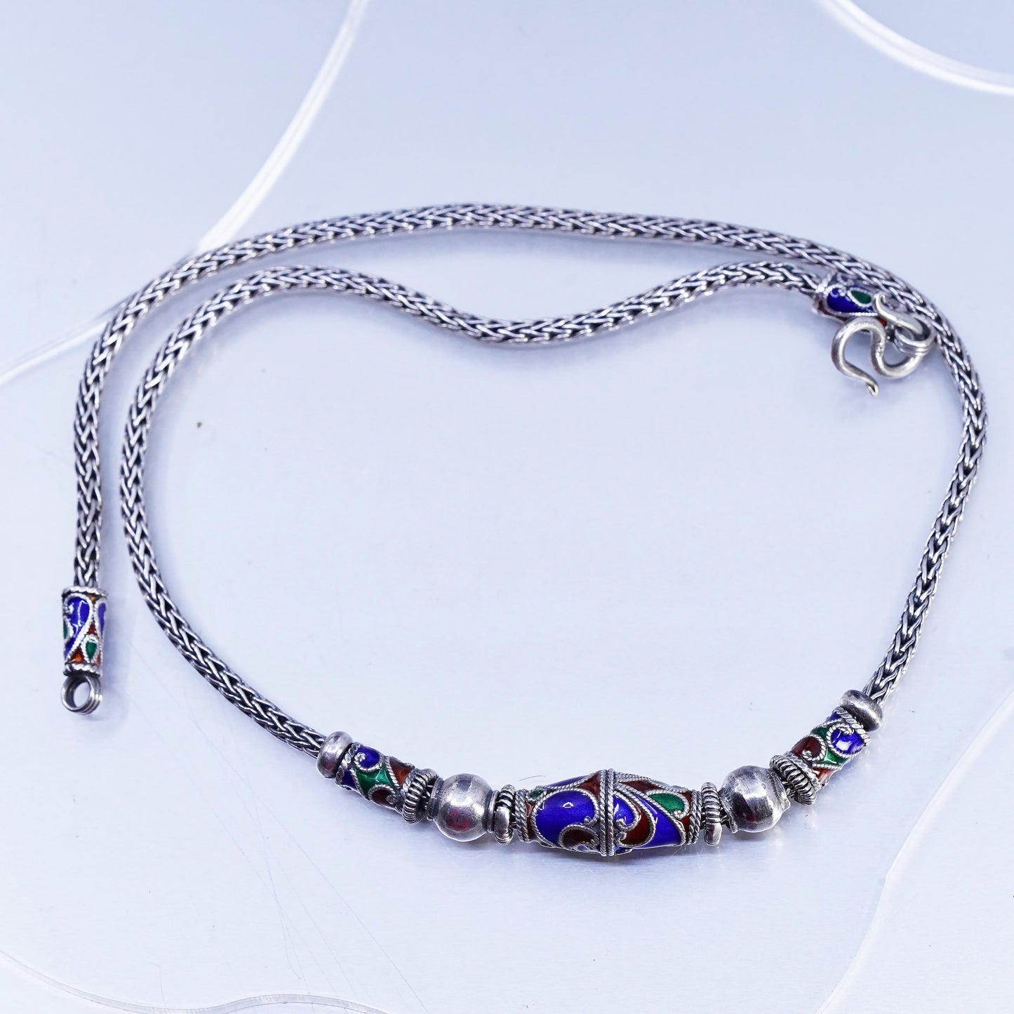 18", Sterling 925 silver bold wheat chain necklace enamel slide bead pendant
