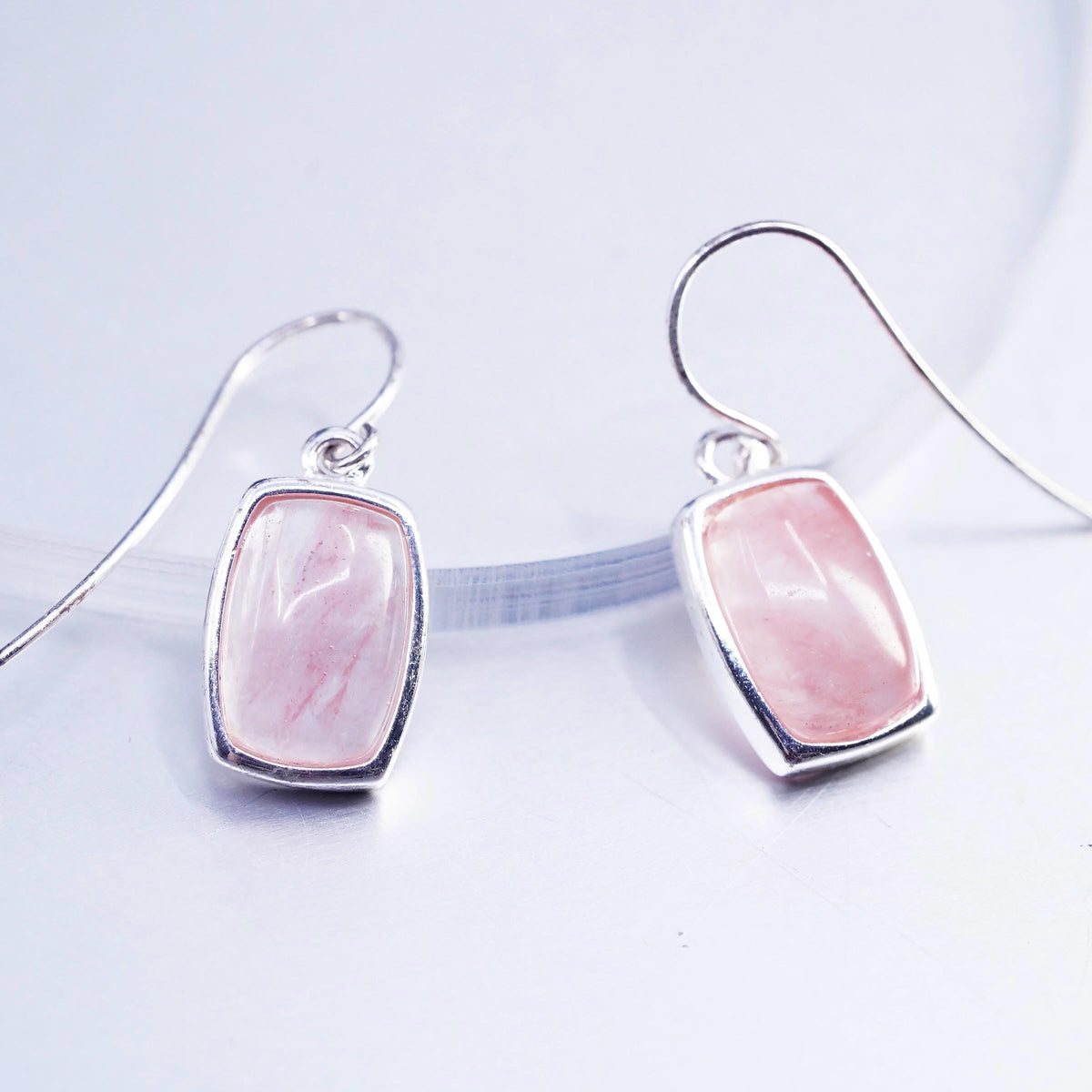Vintage Sterling 925 silver handmade earrings with pink rose quartz