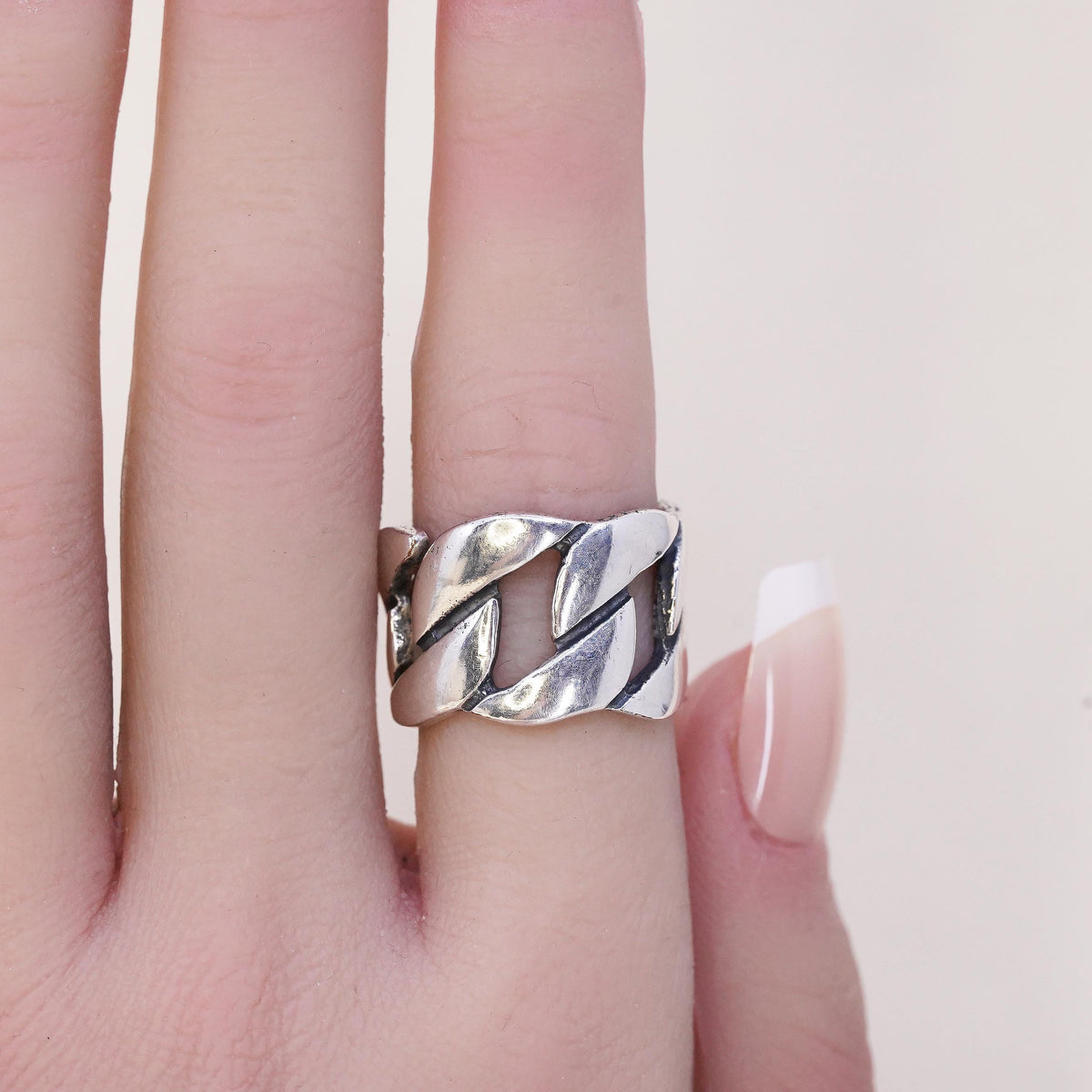 Size 6, Sterling Silver 925 Wide Open Link Chain Ring, Chunky Modernist Band