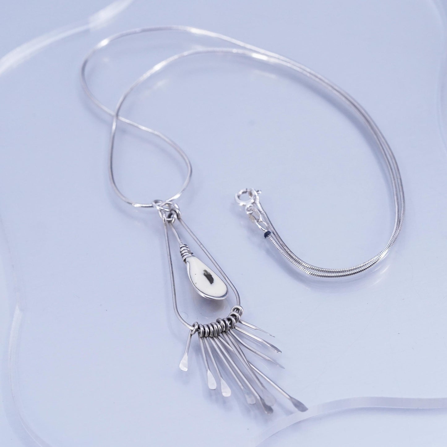 18”, VTG Sterling 925 silver handmade snake necklace fringe teardrop pendant