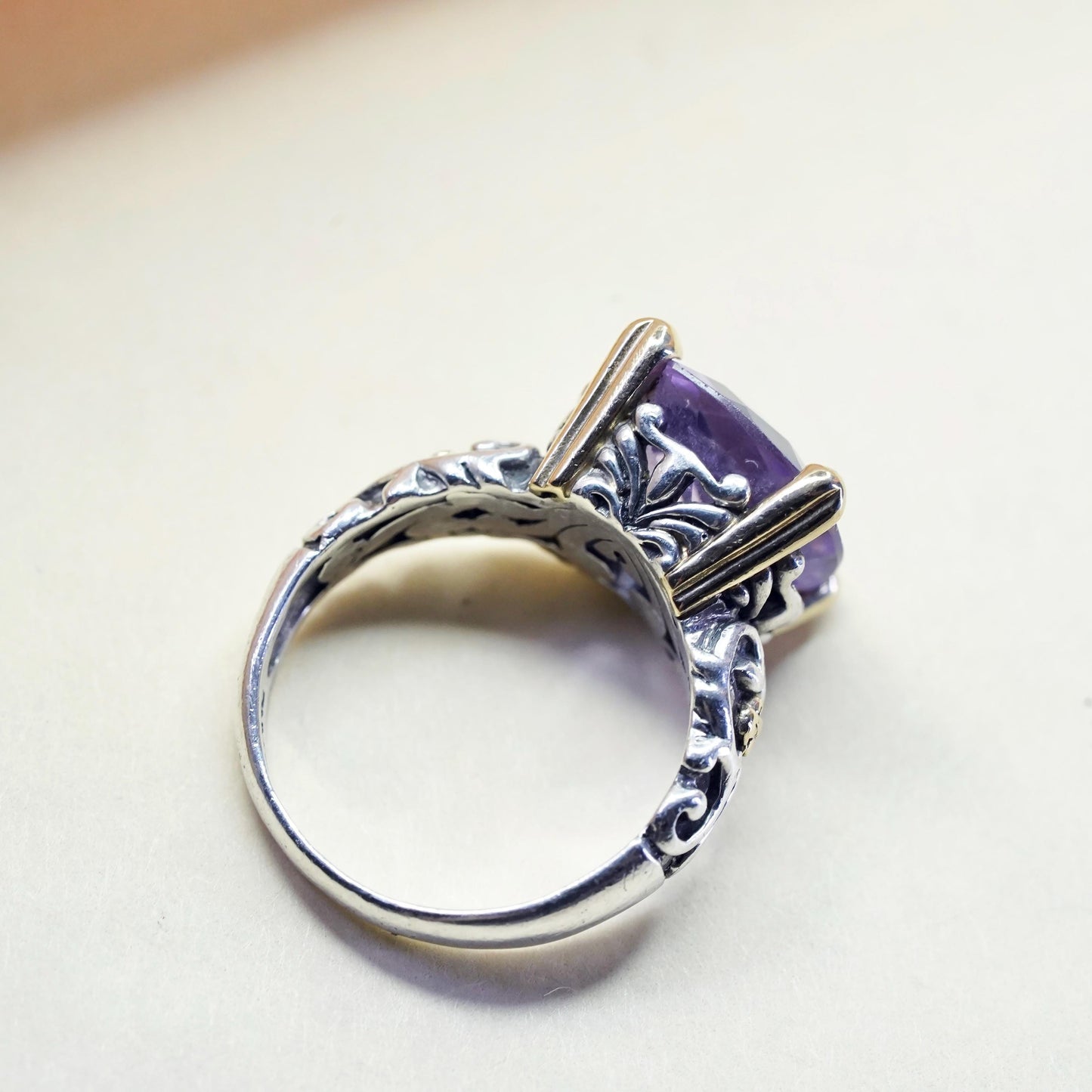 Size 7, two tone Sterling silver textured ring amethyst 14K yellow gold beads