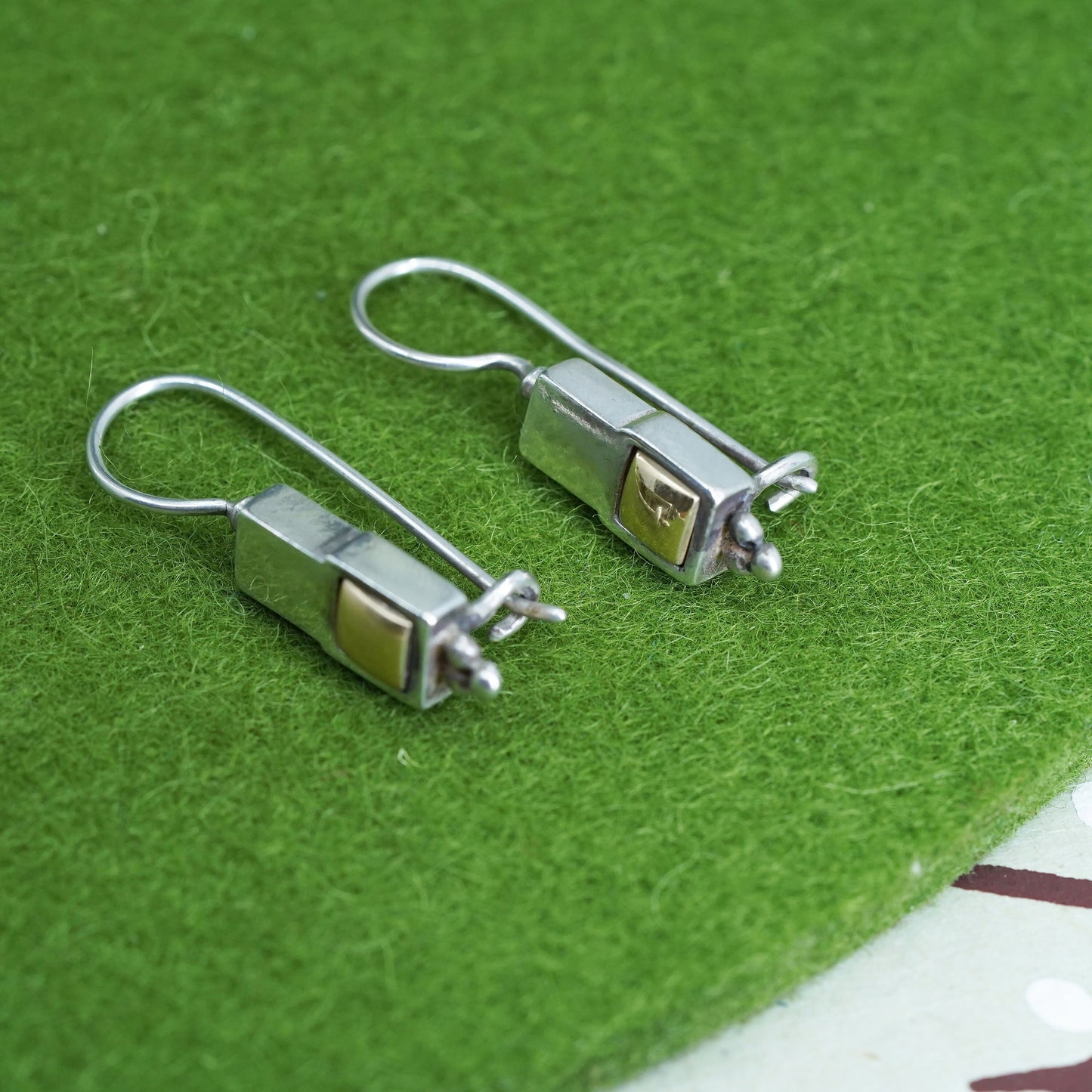 Vintage two tone Sterling 925 silver handmade earrings with 14K gold square