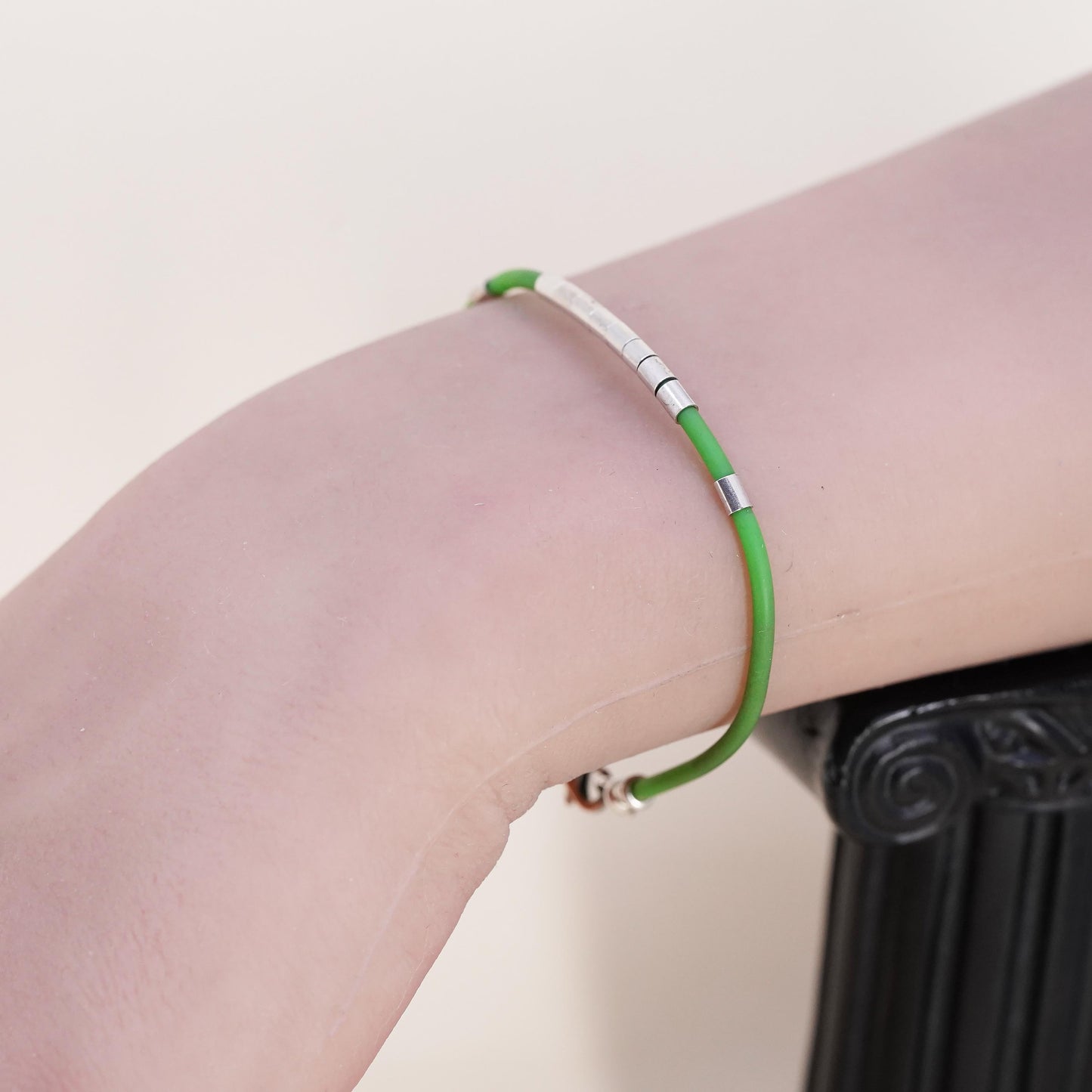 6”, Vintage green rubber band stackable bracelet with silver tone details