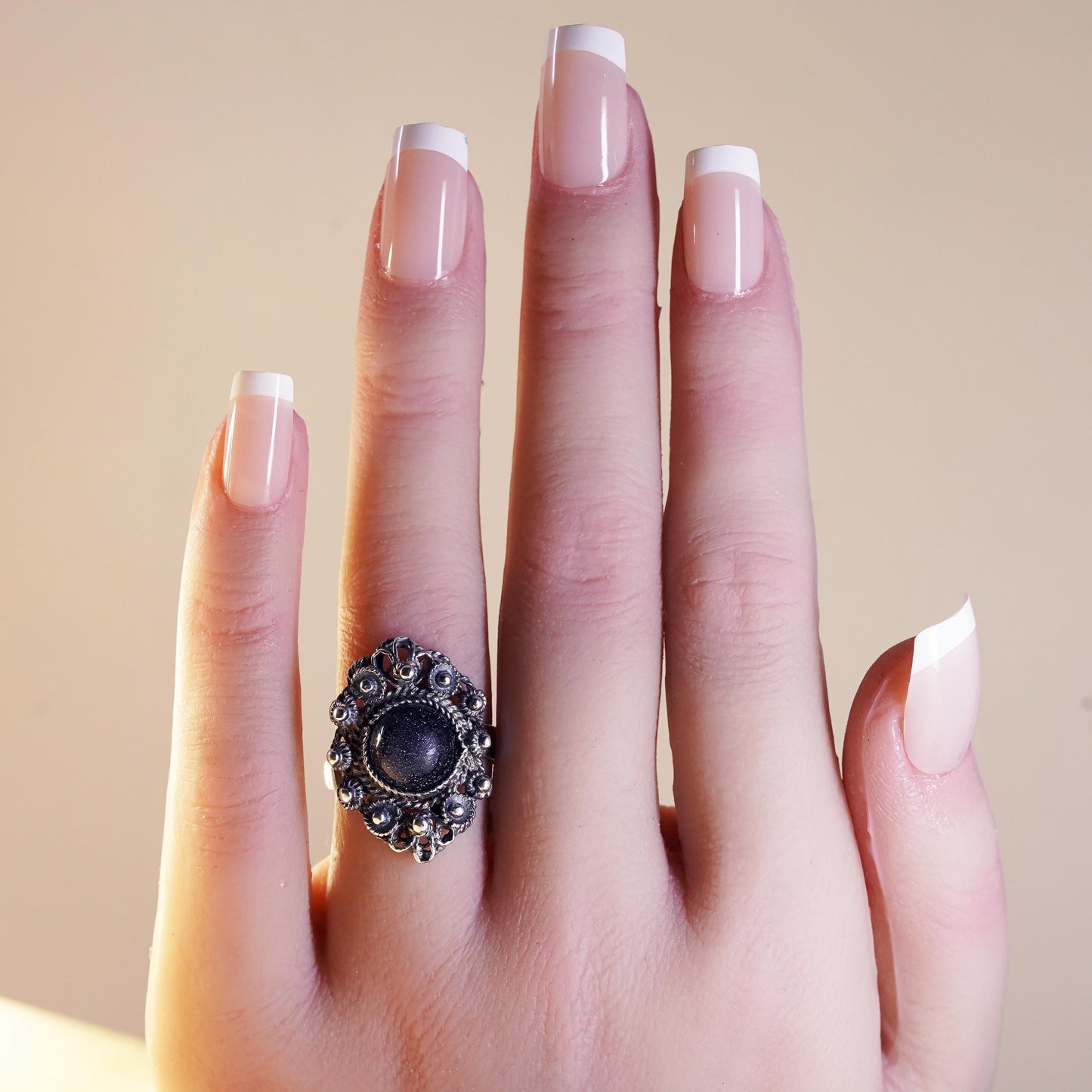 Size 6.25, Vintage sterling 925 silver filigree ring with goldstone and beads