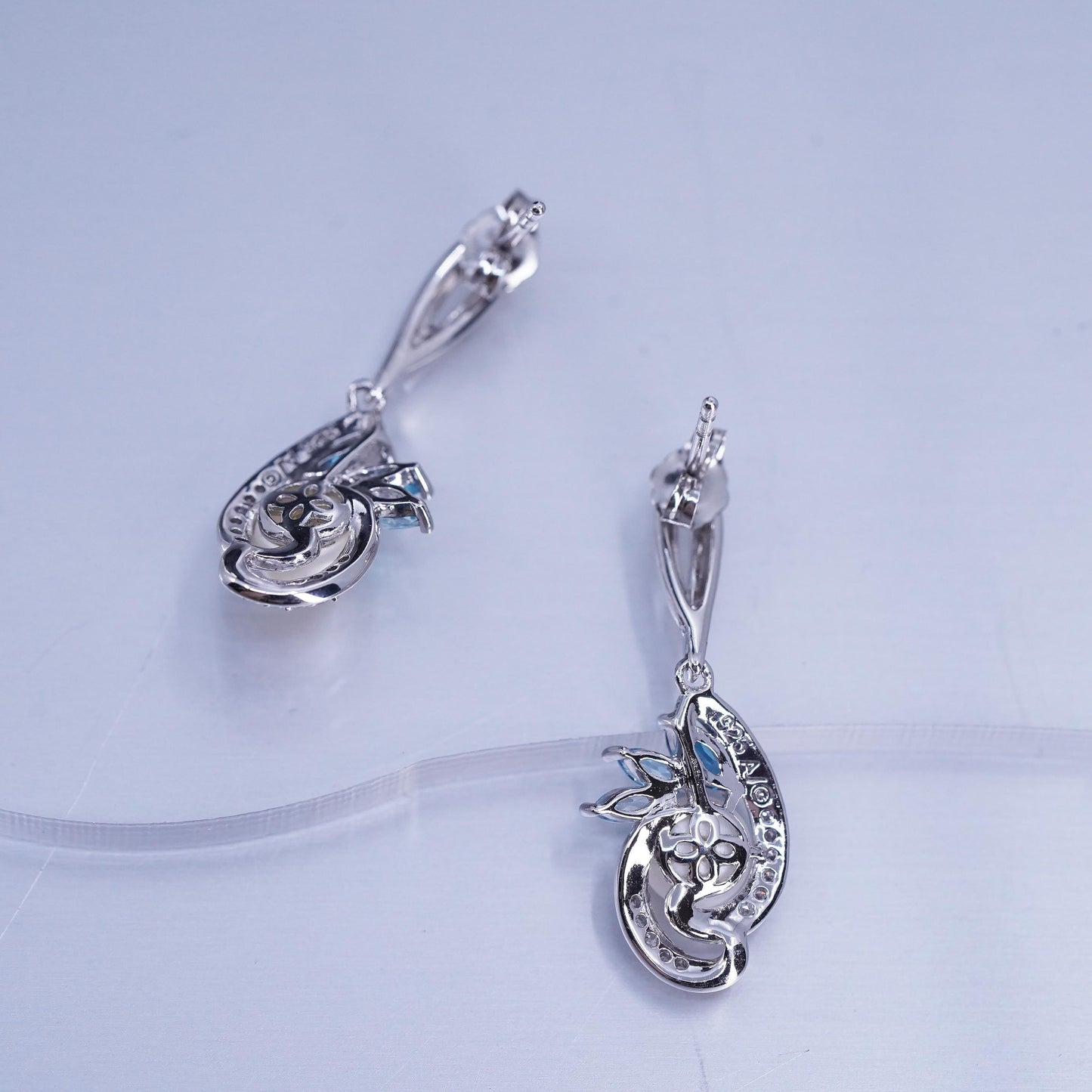 Vintage Sterling 925 silver handmade earrings with pearl topaz and diamonds