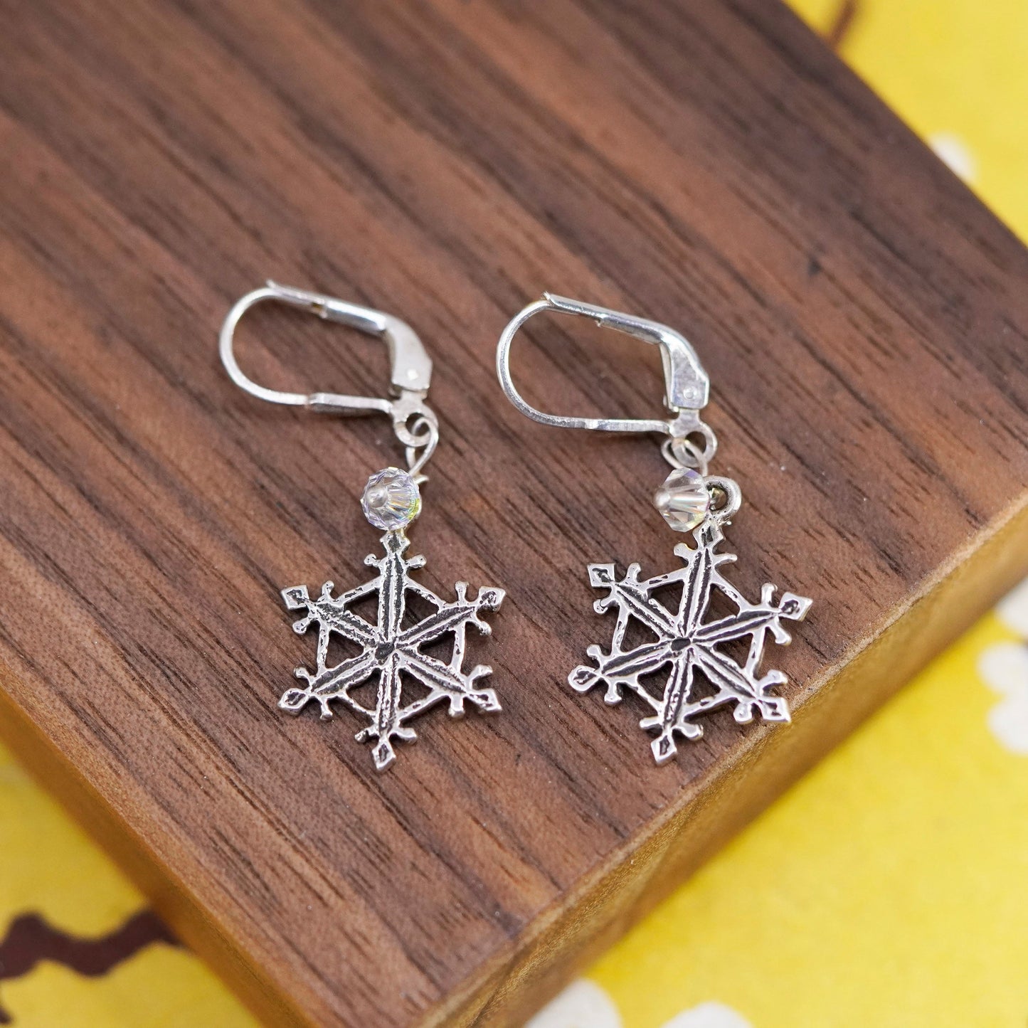 Vintage Sterling silver handmade earrings, 925 snowflake drops