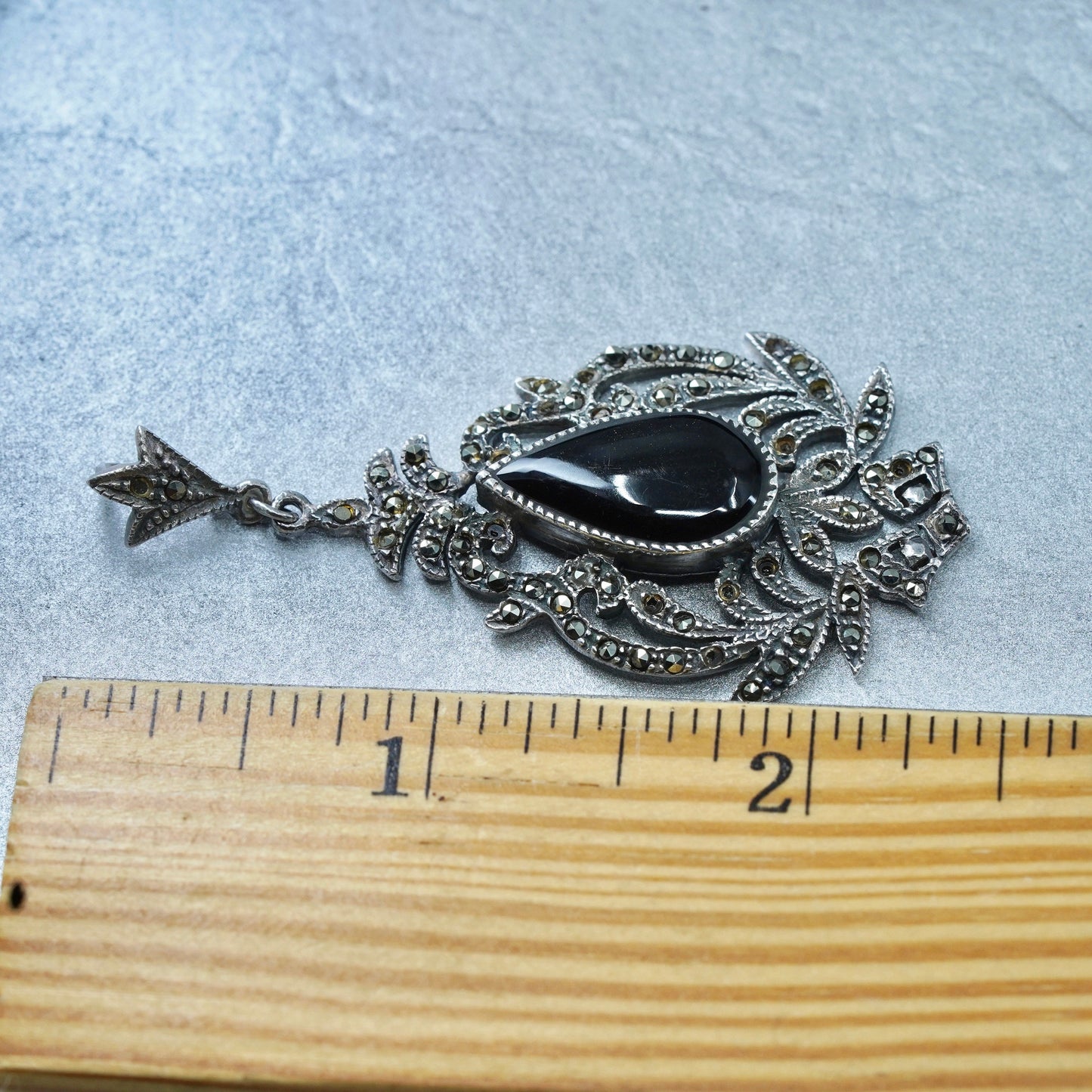 Antique Sterling silver handmade charm, 925 pendant with Marcasite and onyx
