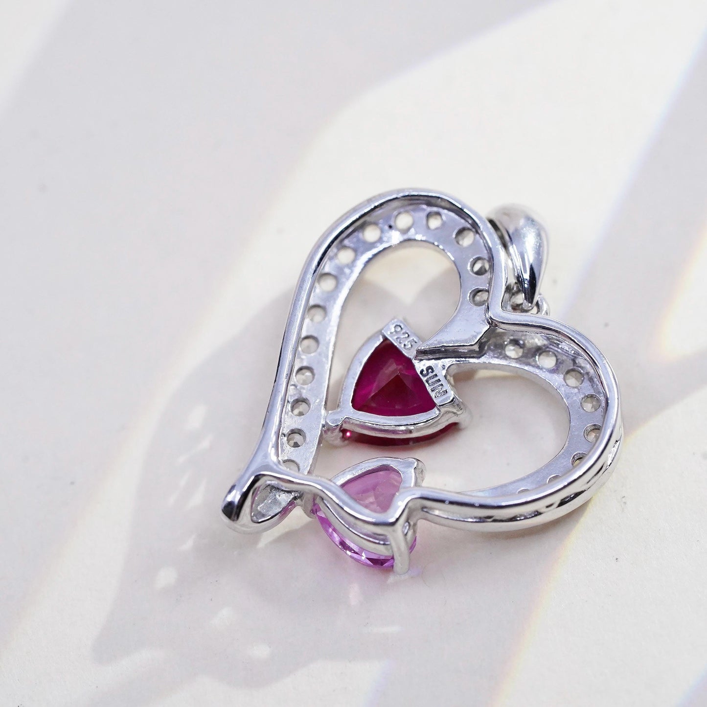 VTG SUN 925 Sterling silver Pendant, pink sapphire ruby heart cluster diamonds