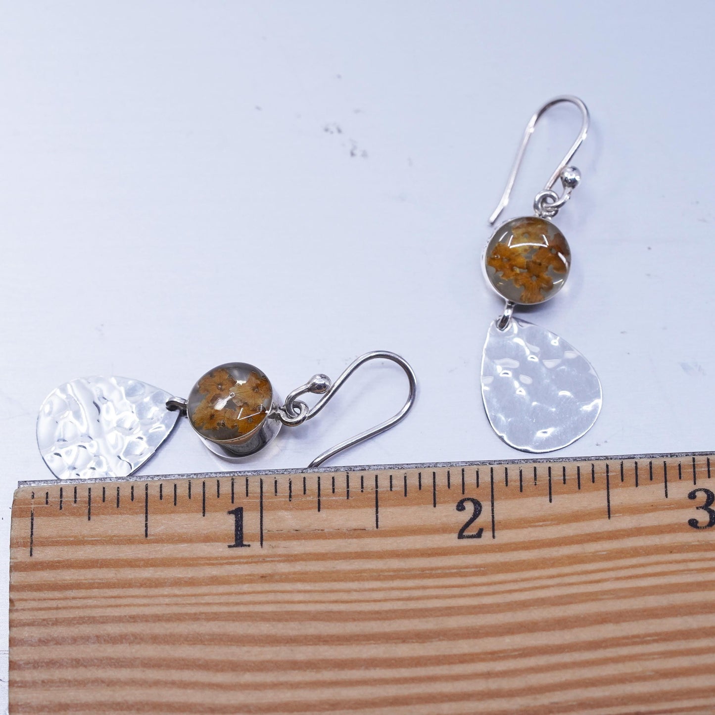 Vintage Sterling 925 silver handmade teardrop earrings with resin flower bead