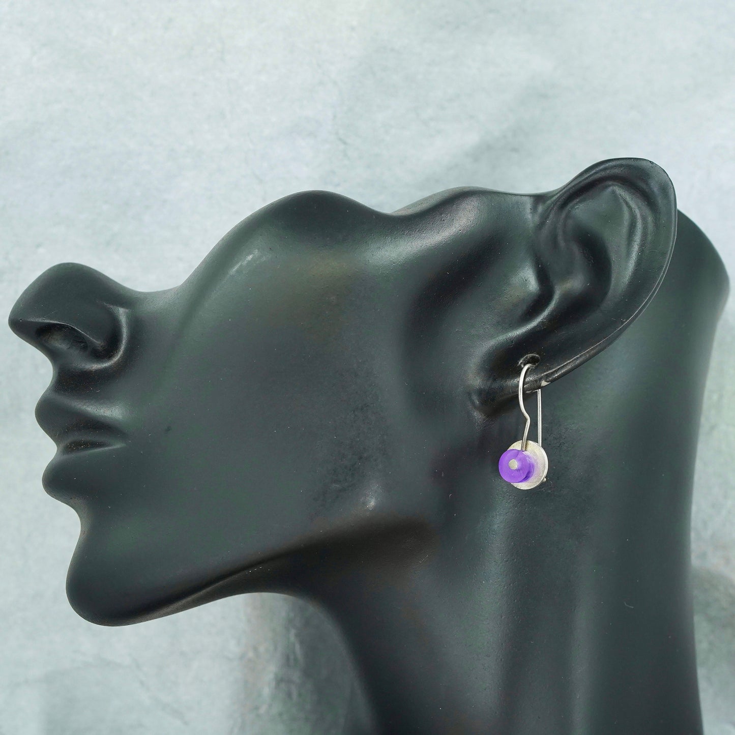 Vintage Sterling 925 silver handmade circle earrings with purple glass dangles