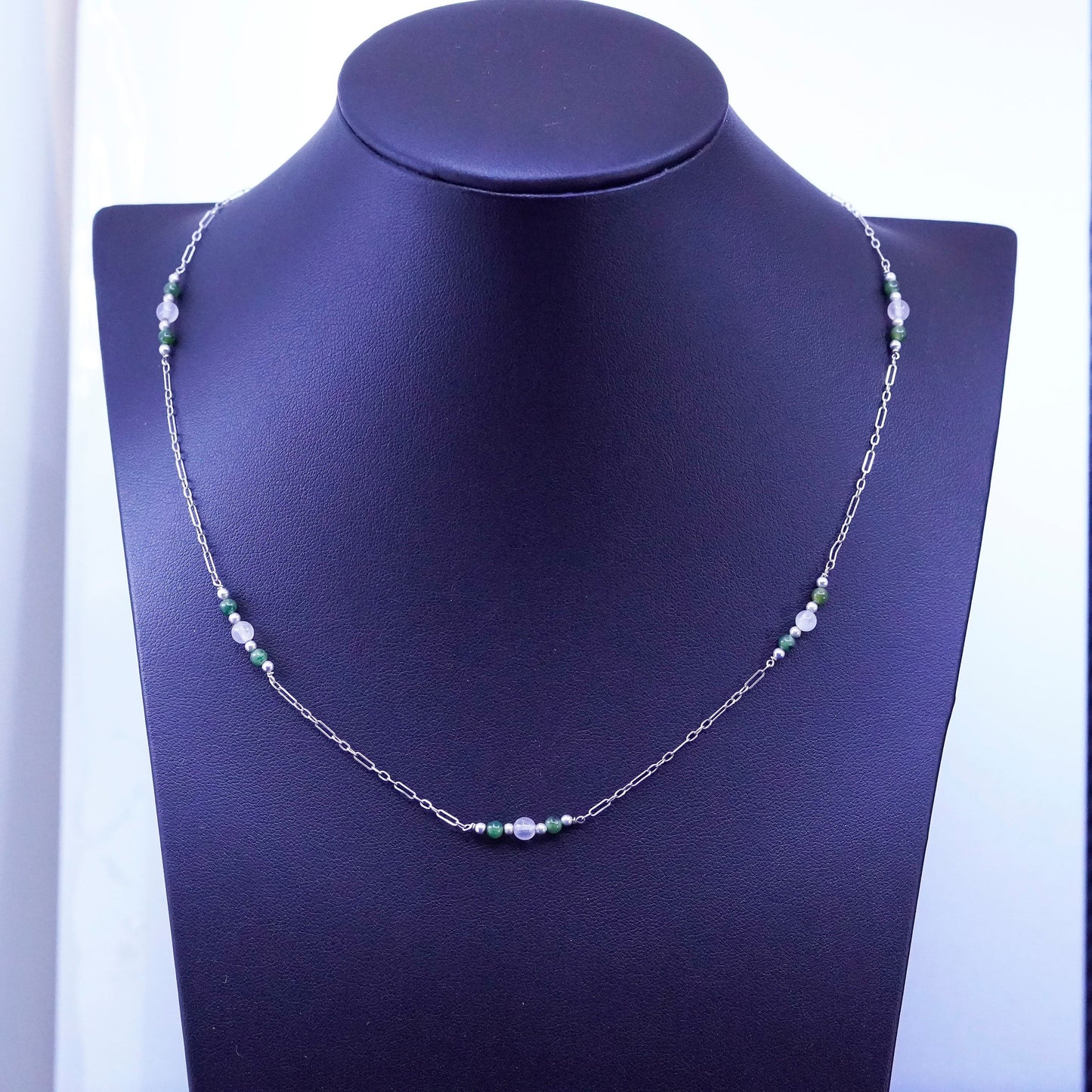 18”, vintage Sterling silver handmade necklace, 925 elongate chain jade quartz