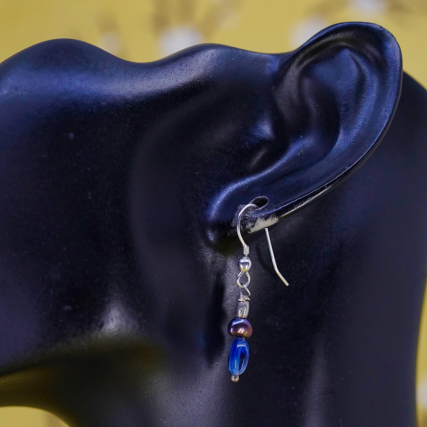 Vintage sterling 925 silver handmade earrings with blue glass bead