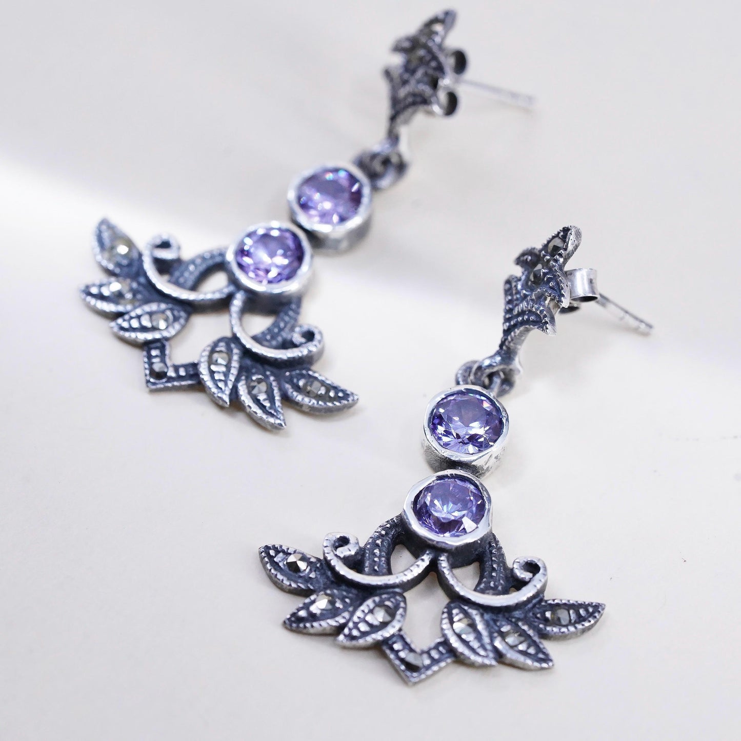 Art Deco 925 sterling silver earrings teardrop amethyst and cluster marcasite